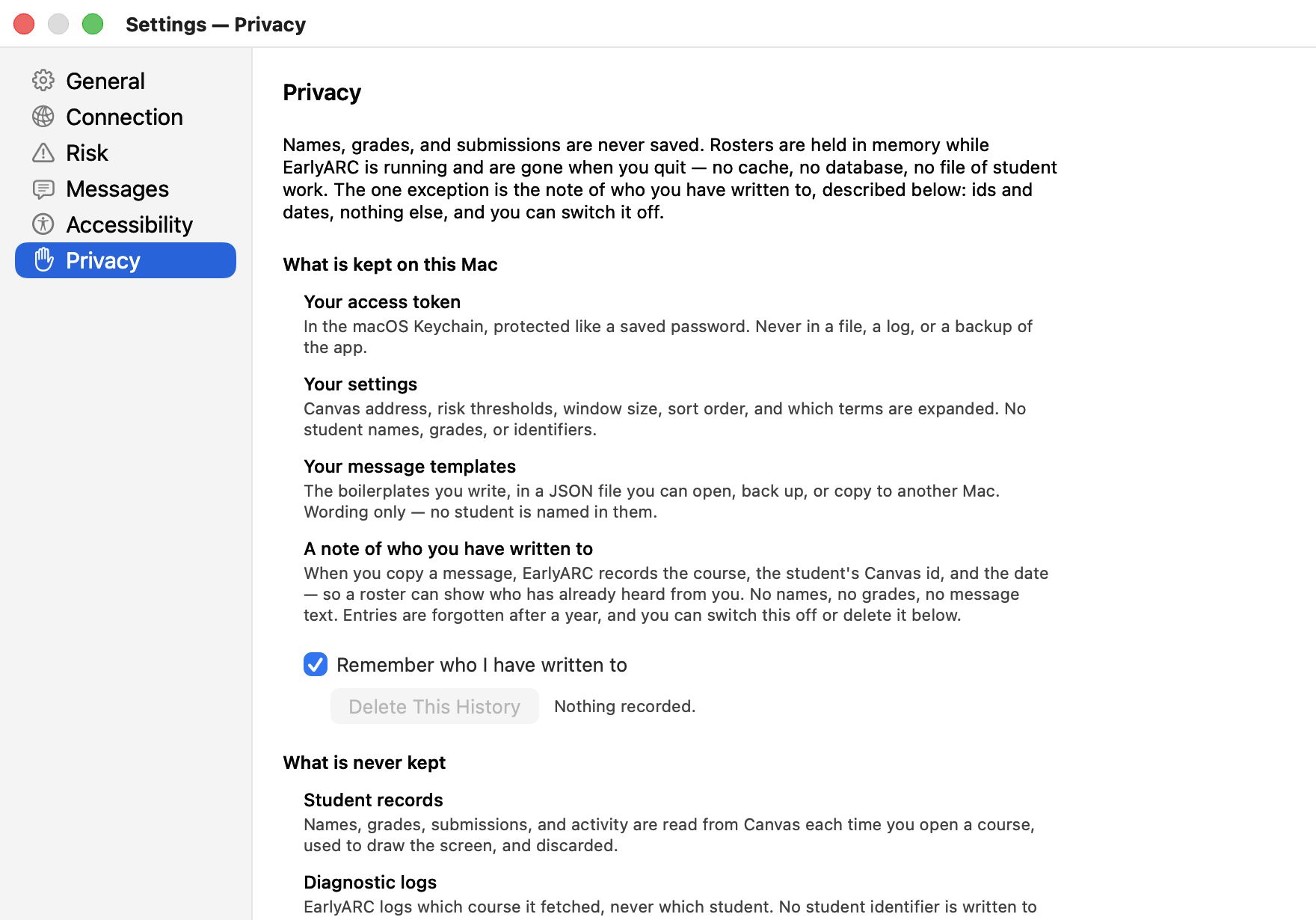 Privacy settings spelling out what is kept on this Mac — the access token in the Keychain, your settings, your message templates, and an optional note of who you have written to — and what is never kept: student records and identifying logs.